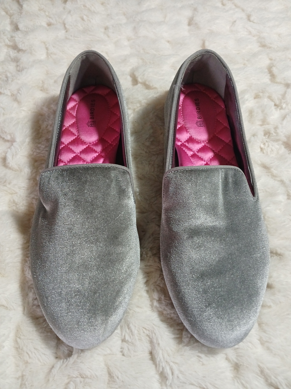 Birdies The Starling Stone Loafer Slip On Shoes Silver Pink Velvet Womens Size 8
